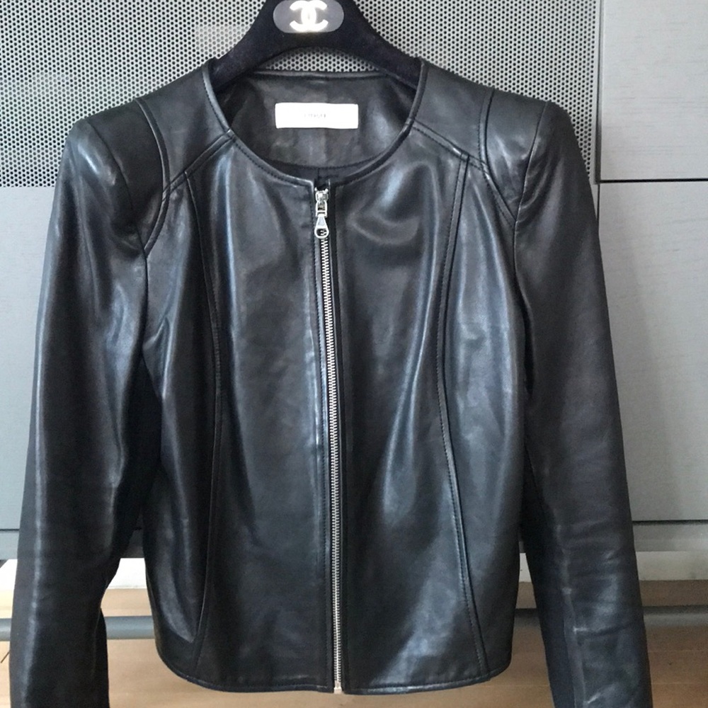 Black leather jacket, zippered, women’s, size Medium